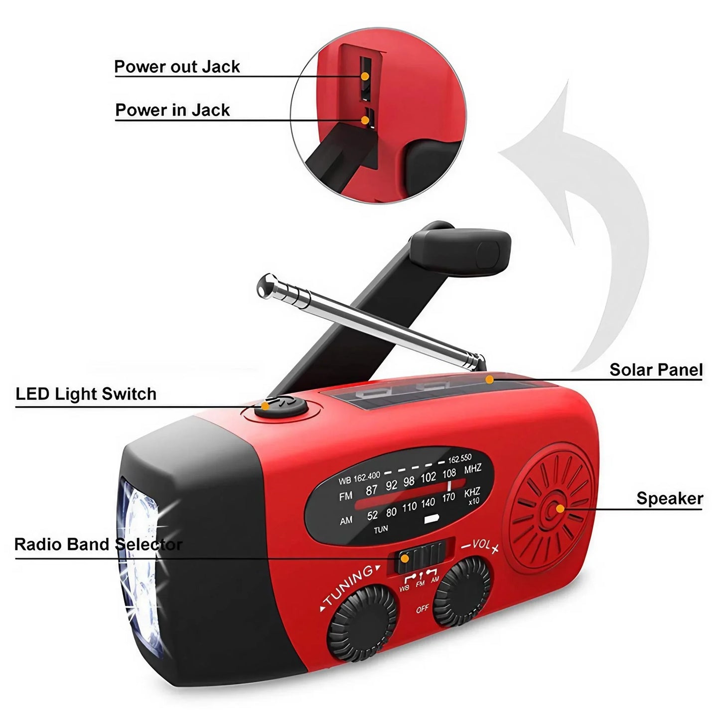 Radio portátil con manivela de energía solar